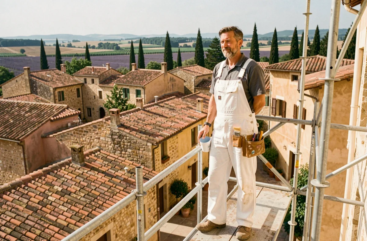 Peintre en bâtiment professionnel sur un échafaudage devant un village provençal typique en Provence-Alpes-Côte d'Azur