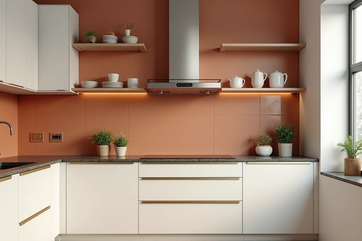 Cuisine moderne avec murs peints en finition brillante blanche montrant les reflets caractéristiques de ce type de peinture intérieure