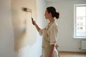 Femme appliquant une peinture mate sur un mur intérieur dans un salon de style scandinave avec parquet en chêne