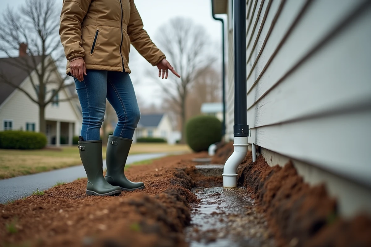 Propriétaire indiquant la pente de drainage près d'un tuyau de descente raccordé à un drain souterrain en périphérie de maison
