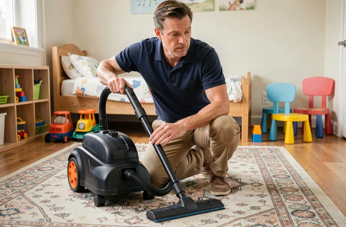 Père utilisant une shampouineuse dans une chambre d'enfant avec des jouets mis en sécurité à l'écart