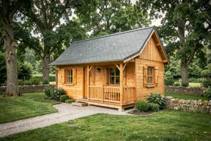 Petit chalet habitable en bois dans un jardin verdoyant en France, avec bardage en pin naturel et toiture en ardoise
