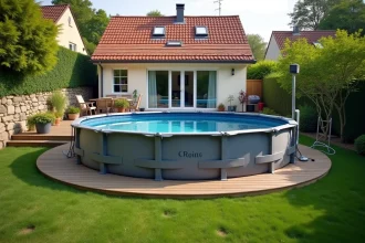 Piscine hors sol ronde de plus de 10m2 installée dans un jardin pavillonnaire français avec terrasse en bois
