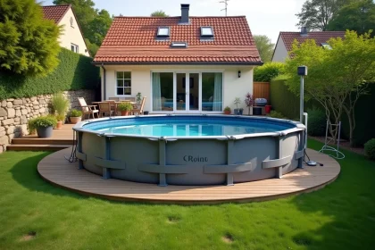 Piscine hors sol ronde de plus de 10m2 installée dans un jardin pavillonnaire français avec terrasse en bois
