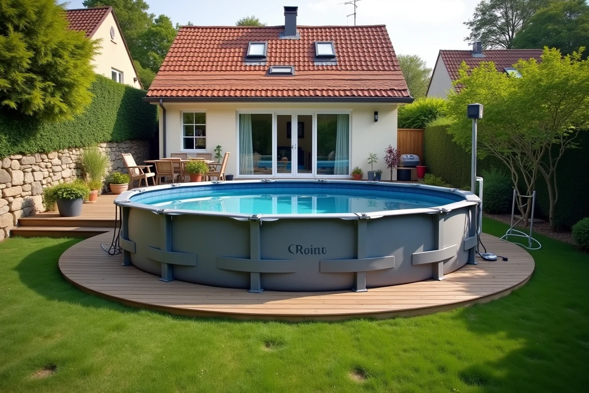 Piscine hors sol ronde de plus de 10m2 installée dans un jardin pavillonnaire français avec terrasse en bois