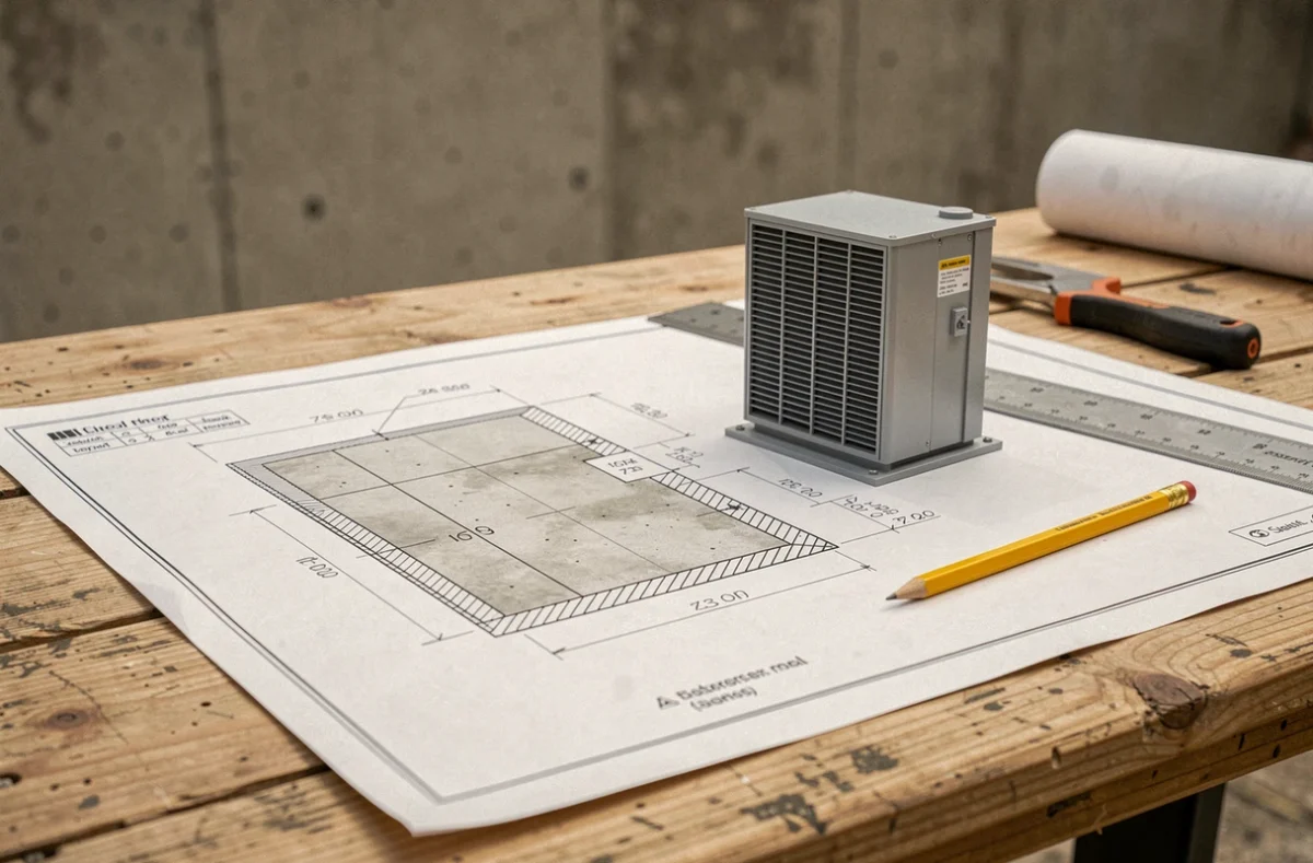 Plan de dalle béton annoté avec dimensions pour l'installation d'une pompe à chaleur posé sur un établi de chantier
