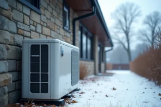 Pompe à chaleur extérieure installée sur une maison bien isolée en hiver sous un ciel gris