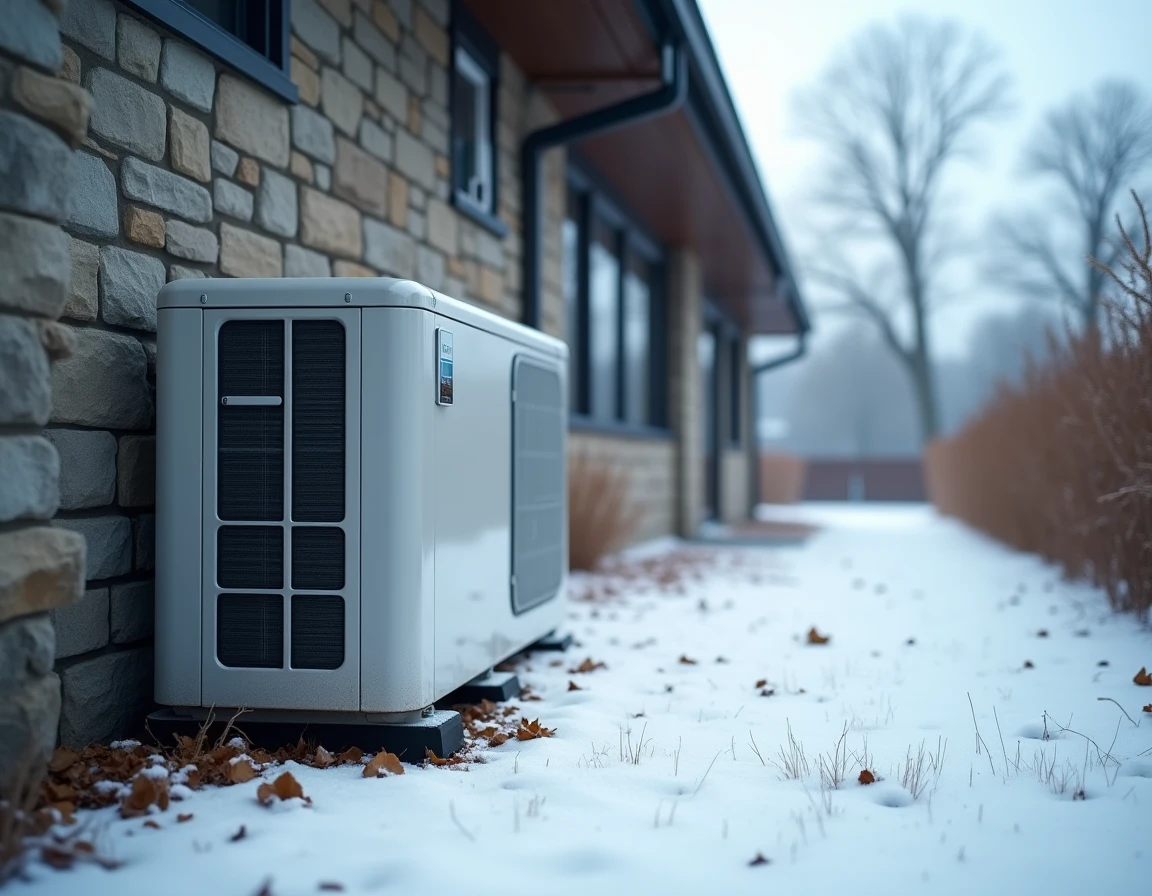 Pompe à chaleur extérieure installée sur une maison bien isolée en hiver sous un ciel gris