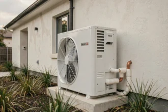 Pompe à chaleur air-air installée sur la façade extérieure d'une maison moderne avec jardin