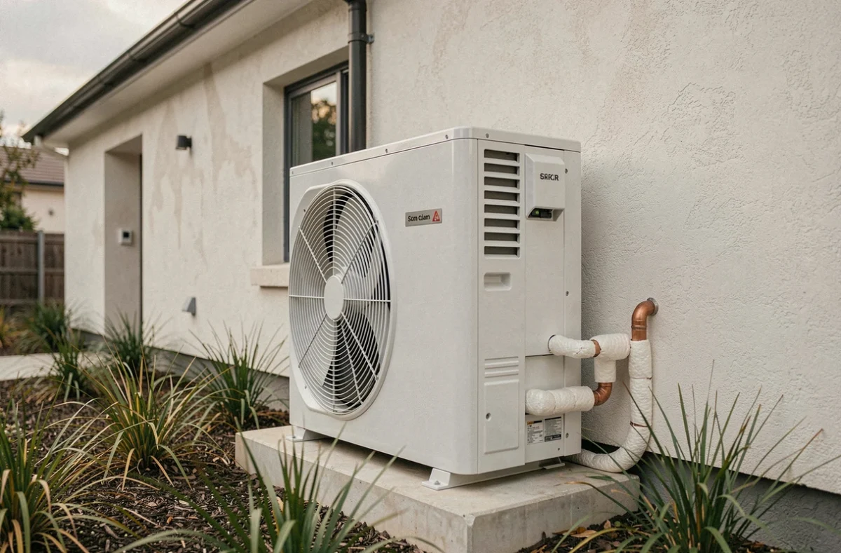 Pompe à chaleur air-air installée sur la façade extérieure d'une maison moderne avec jardin