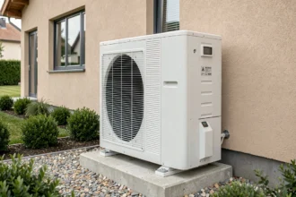 Pompe à chaleur air/eau Mitsubishi Zubadan installée sur plot béton en extérieur d'une maison résidentielle moderne