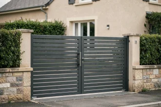 Portail coulissant avec portillon intégré en aluminium anthracite préservant l'intimité d'une maison individuelle