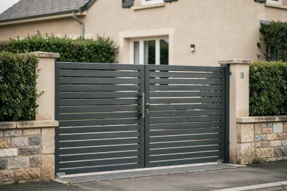 Portail coulissant avec portillon intégré en aluminium anthracite préservant l'intimité d'une maison individuelle