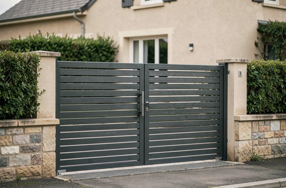 Portail coulissant avec portillon intégré en aluminium anthracite préservant l'intimité d'une maison individuelle