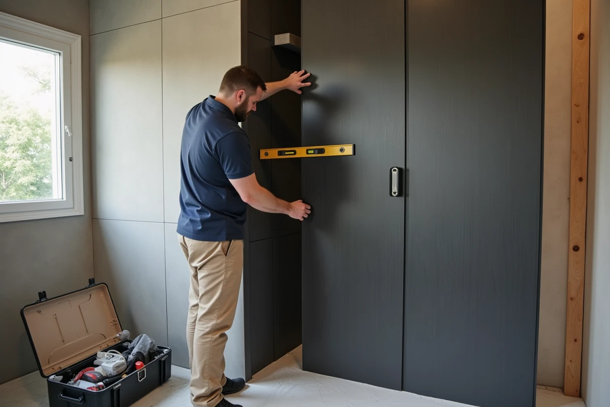 Installateur posant une dalle murale PVC anthracite dans une salle de bain en rénovation pour douche italienne