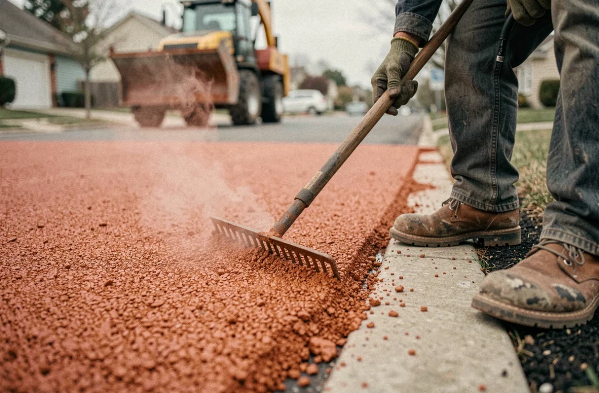 Gros plan sur la pose d'enrobé rouge coloré par une machine à asphalte lors de travaux d'allée résidentielle