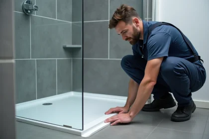 Plombier professionnel appliquant du silicone étanche autour d'un receveur de douche extra plat en cours de pose dans une salle de bain moderne carrelée