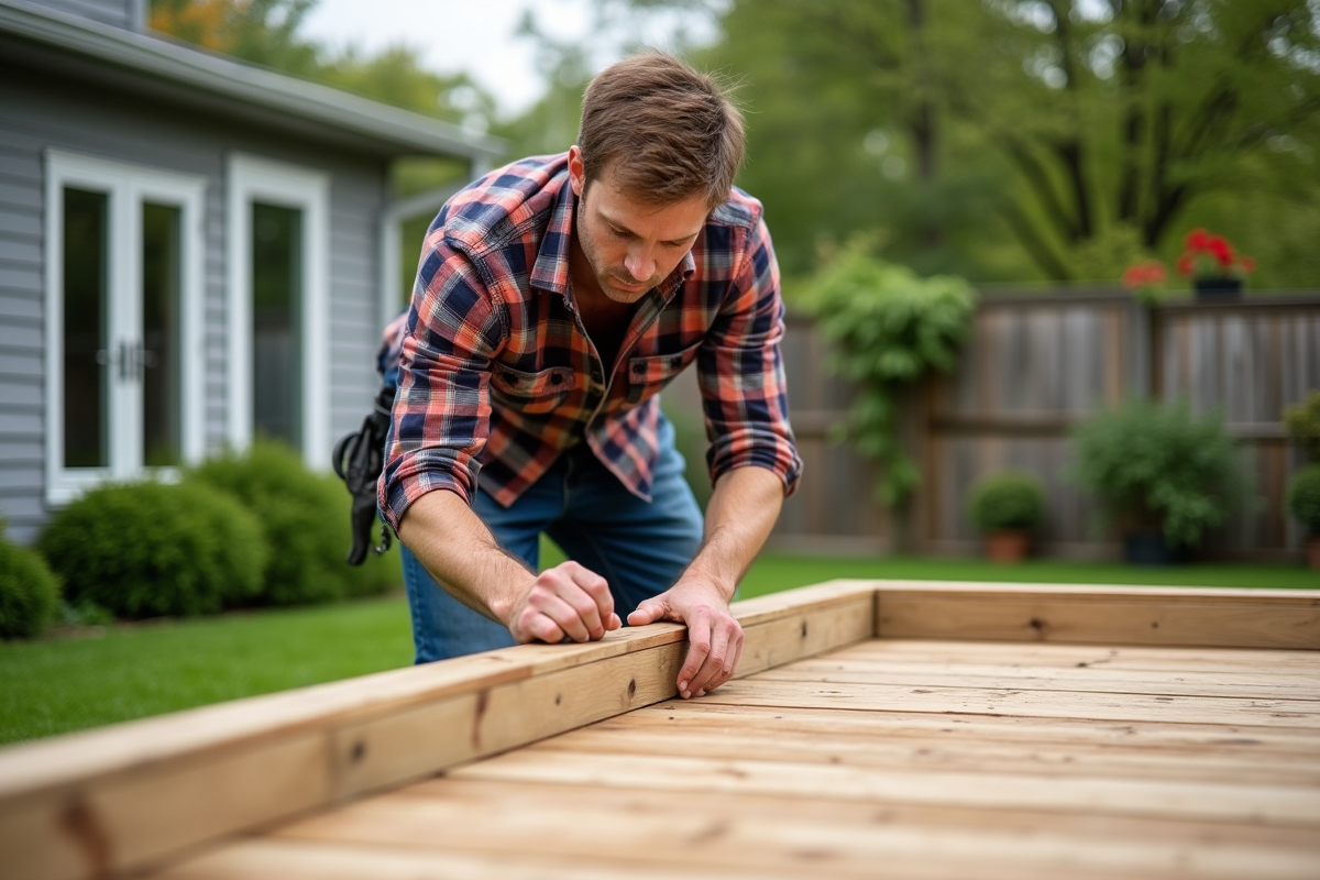 Homme posant des lames de bois dans un jardin verdoyant