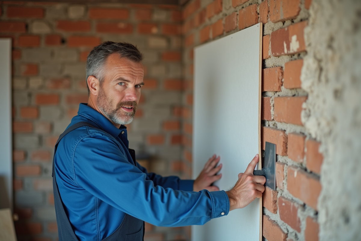 Hommes en overalls posant une plaque de platre sur un mur en briques