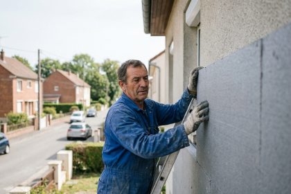 Homme en overalls appliquant des panneaux d'isolation ext&eacute;rieure