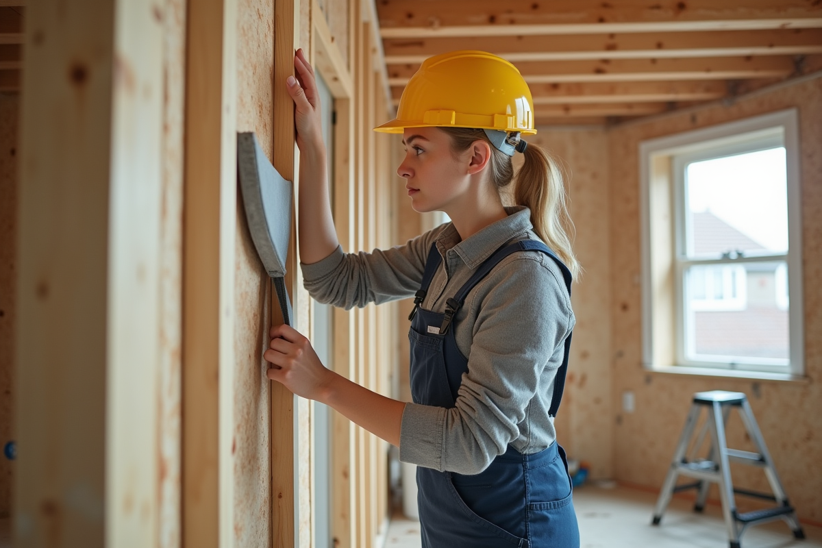 Jeune femme pose isolation dans extension en construction