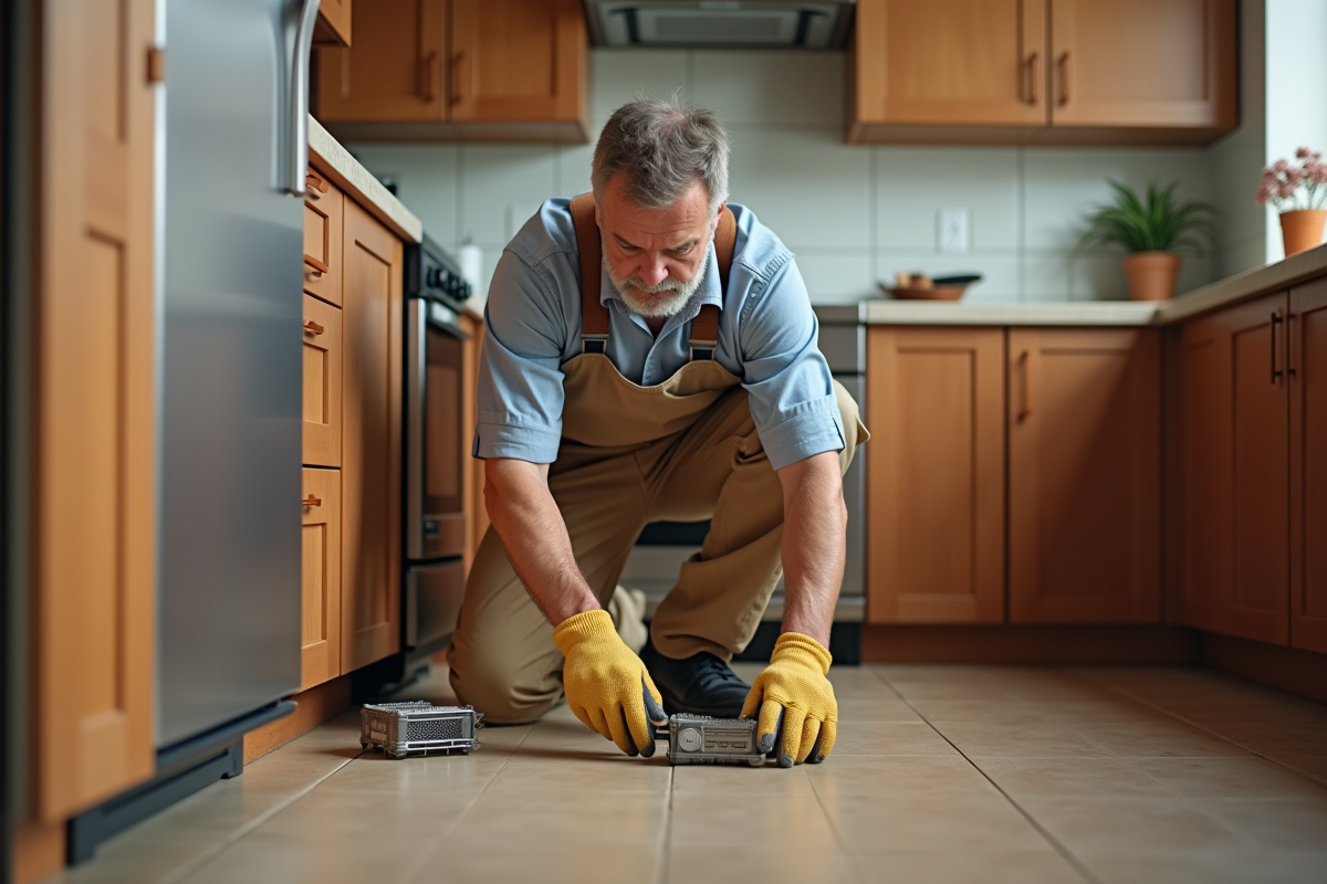Homme en salopette posant des pièges dans une cuisine moderne