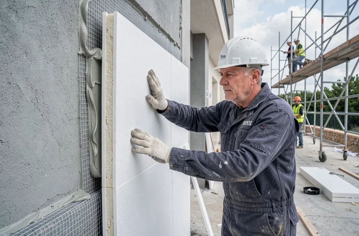 Spécialiste Pro Façades Méditerranée posant des panneaux d'isolation thermique par l'extérieur sur un immeuble en PACA