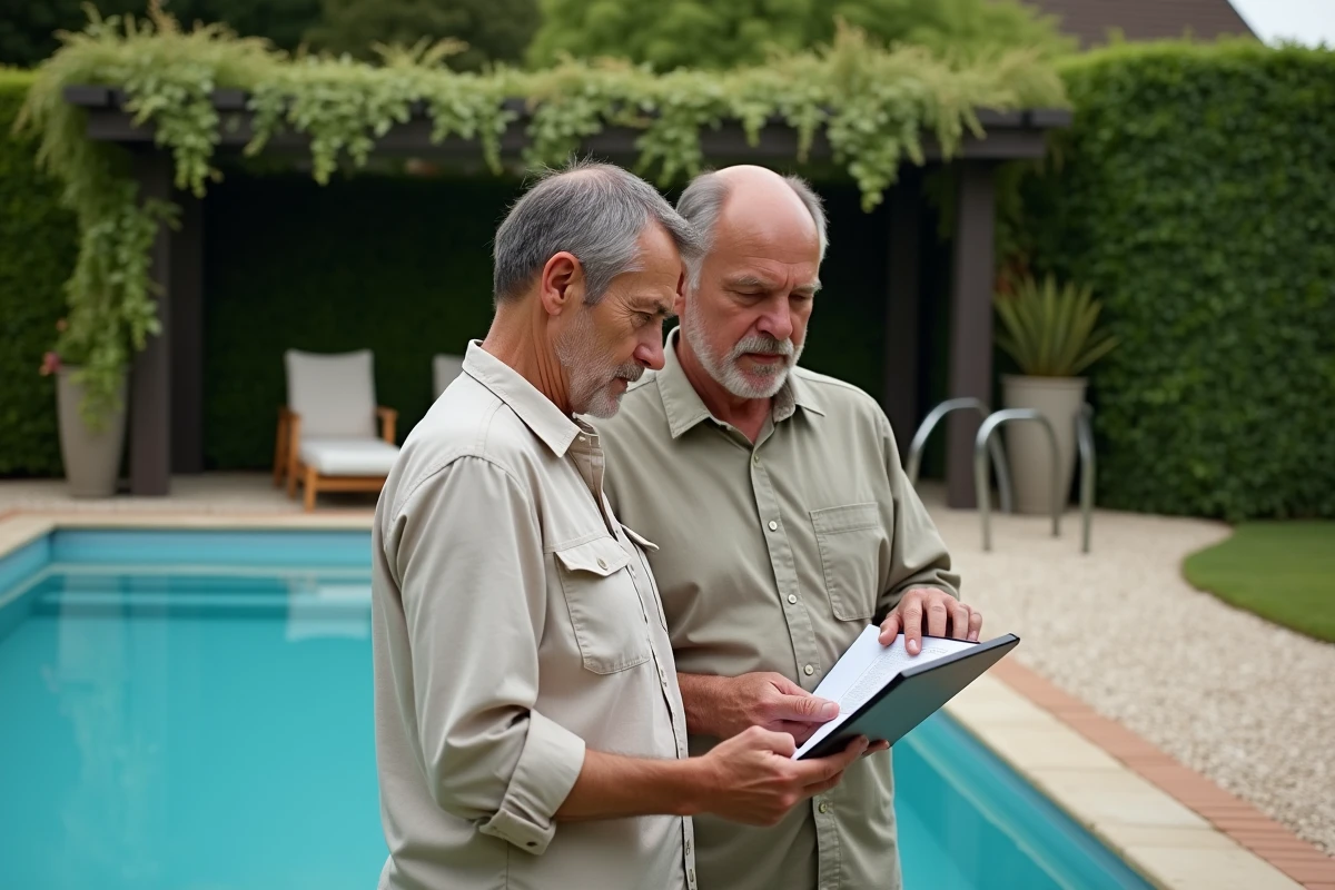 Couple de propriétaires consultant des documents fiscaux concernant la taxe piscine hors sol dans leur jardin