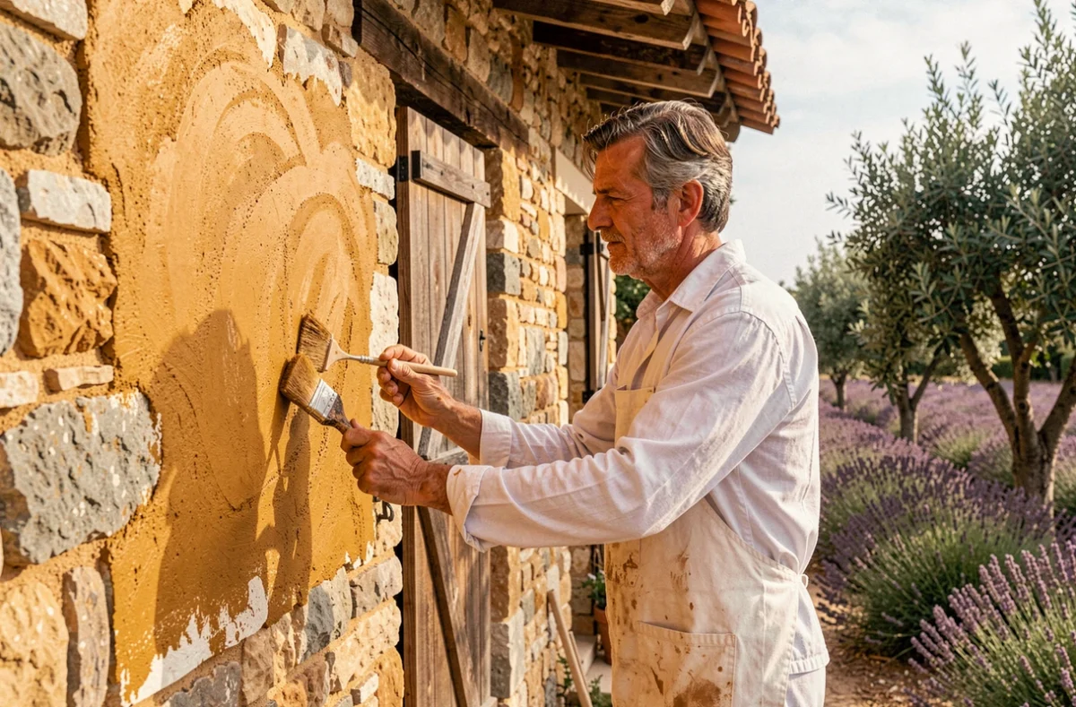 Artisan de Provence Peinture Décoration appliquant un enduit à la chaux ocre sur une ferme provençale dans le Vaucluse