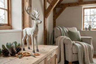 Renne décoratif en bois sculpté sur un meuble scandinave avec des décorations de Noël naturelles