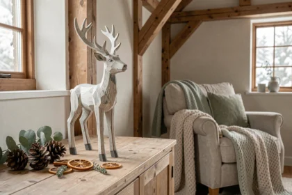 Renne décoratif en bois sculpté sur un meuble scandinave avec des décorations de Noël naturelles