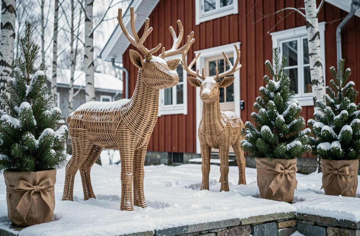 Rennes décoratifs en osier enneigés dans un jardin nordique devant une maison scandinave traditionnelle