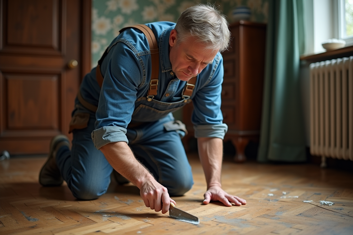 Homme en salopette réparant un parquet ancien dans un appartement vintage