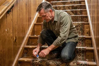 Homme d'âge mûr appliquant de la colle à bois entre les marches d'un escalier en bois qui grince dans une maison ancienne