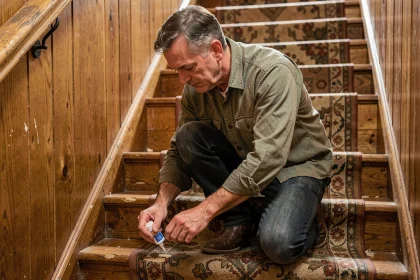 Homme d'âge mûr appliquant de la colle à bois entre les marches d'un escalier en bois qui grince dans une maison ancienne