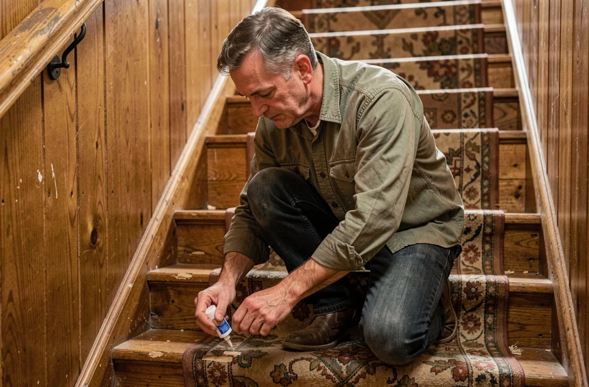 Homme d'âge mûr appliquant de la colle à bois entre les marches d'un escalier en bois qui grince dans une maison ancienne