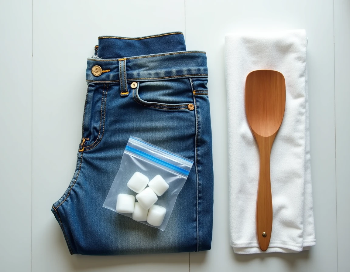 Méthode du glaçons en sachet posé sur une tache de chewing gum sur un jean, vue de dessus