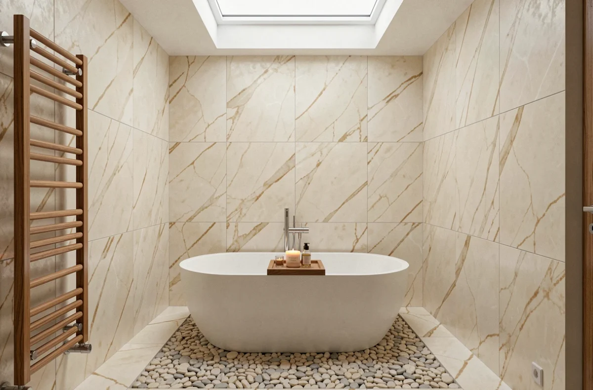 Salle de bain style spa avec panneaux PVC effet marbre beige et baignoire ilot ovale