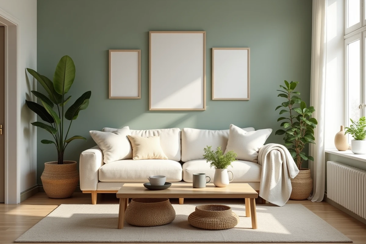 Salon cosy et bien aménagé avec canapé en lin, mobilier en bois naturel et décoration soignée
