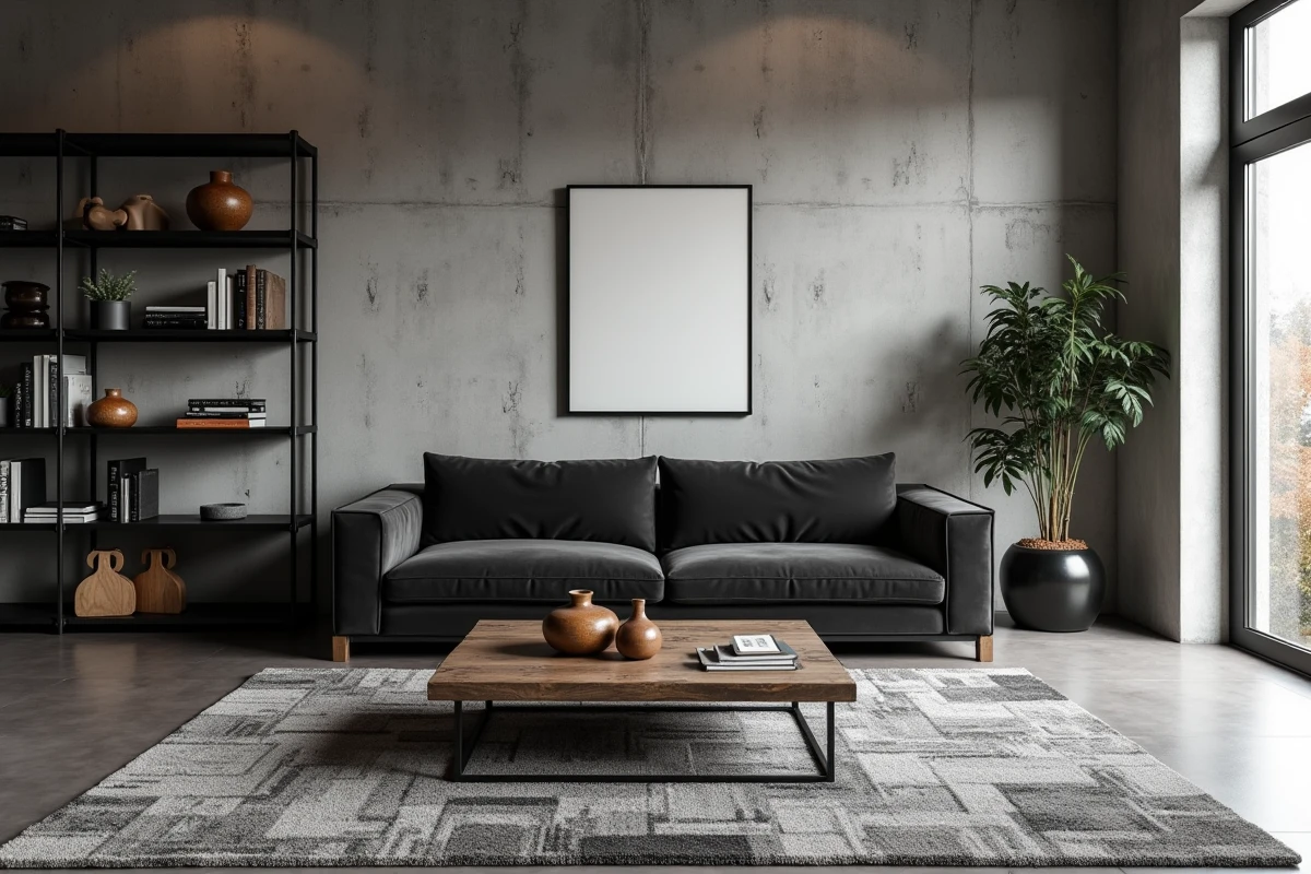 Salon industriel avec mur en béton brut, étagères en acier noir et canapé anthracite