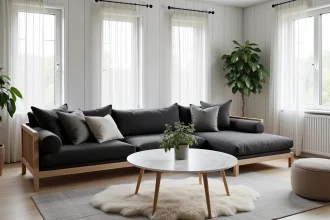 Salon scandinave épuré en noir gris et blanc avec canapé en bois clair et tapis en laine