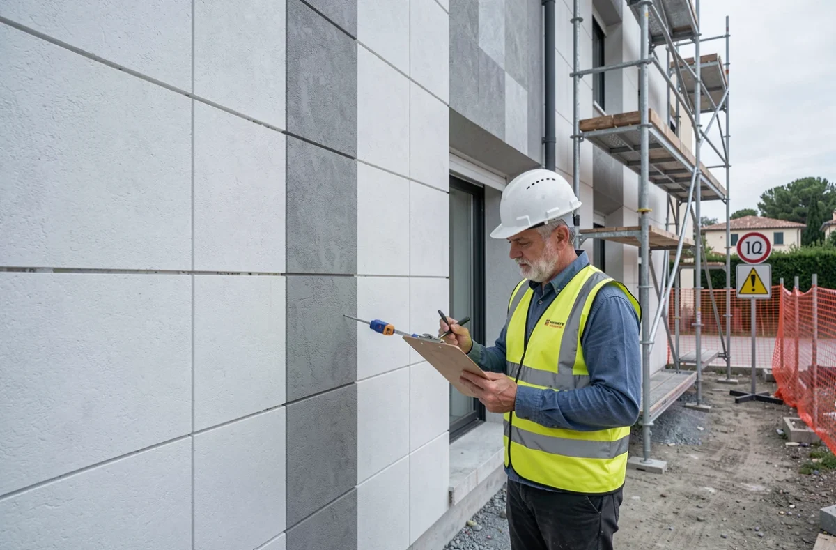 Expert de SARL Habitat Vision inspectant une façade de bâtiment résidentiel avec équipement de contrôle réglementaire
