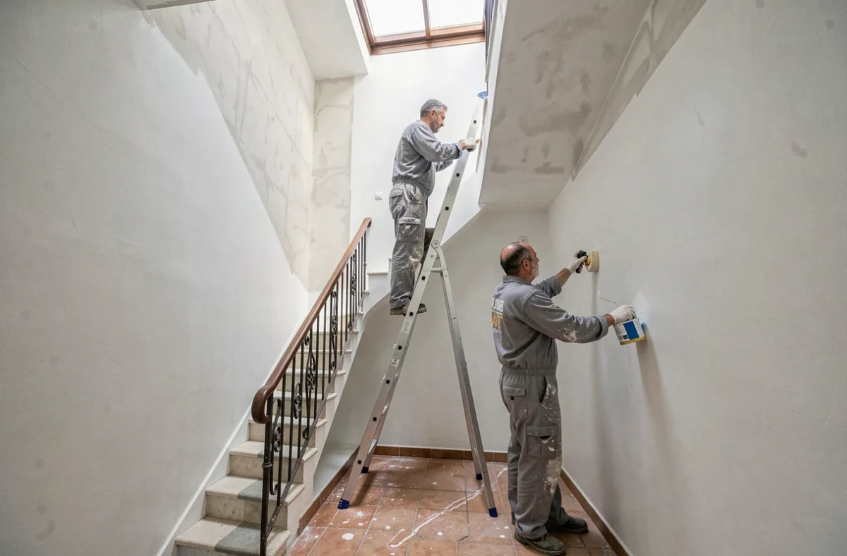 Équipe SAS Rénovation Peinture 06 rénovant la cage d'escalier d'un immeuble résidentiel dans les Alpes-Maritimes