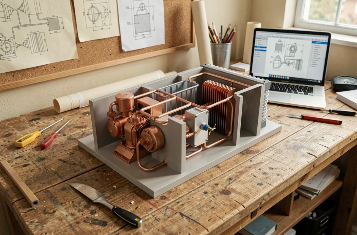 Maquette technique d'un circuit frigorifique de pompe à chaleur sur une table d'ingénierie