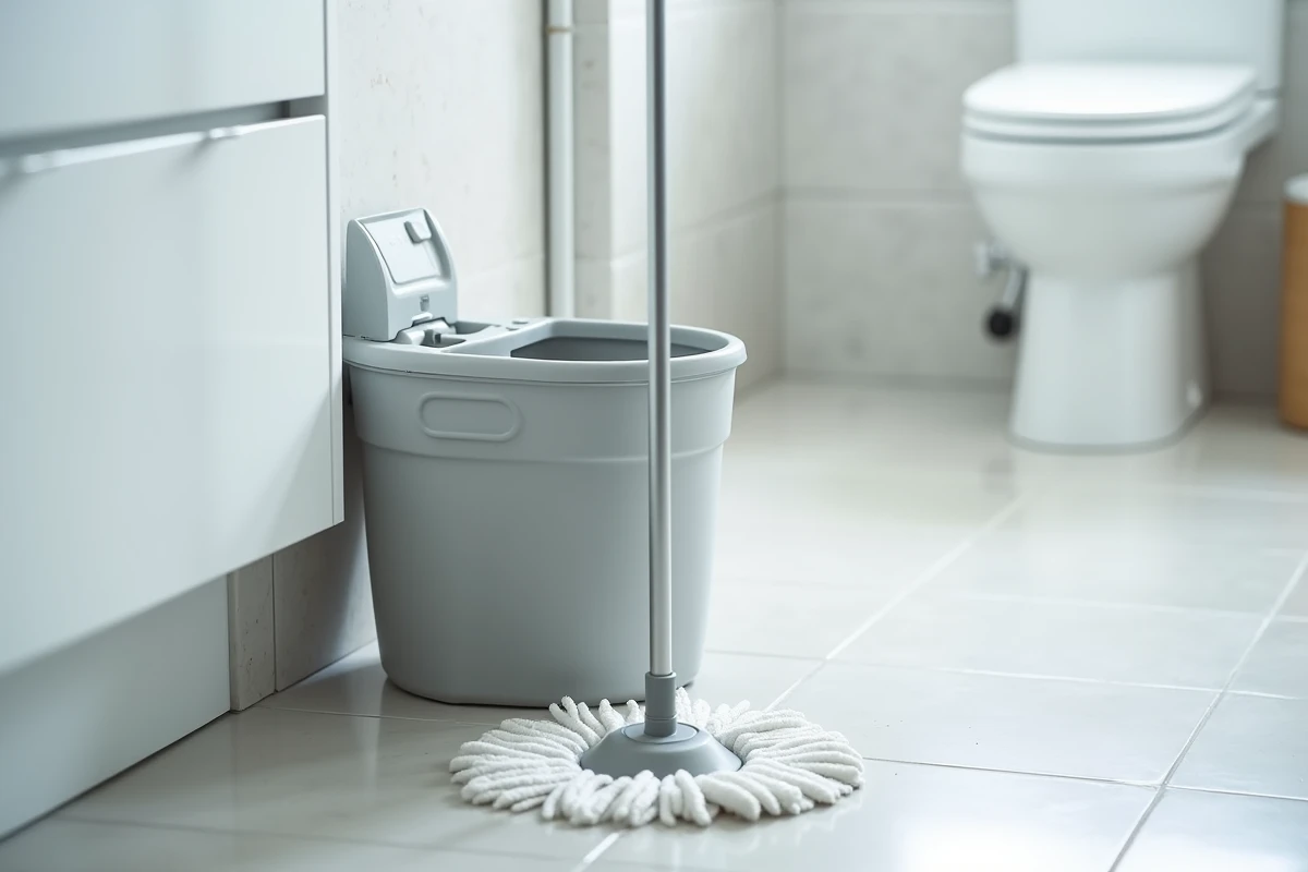 Seau essoreuse compact posé sur carrelage de salle de bain avec serpillière à manche télescopique replié