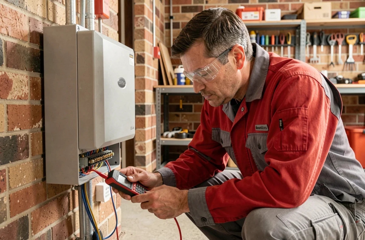 Électricien de SEGA Electricité vérifiant un onduleur solaire installé dans un garage résidentiel