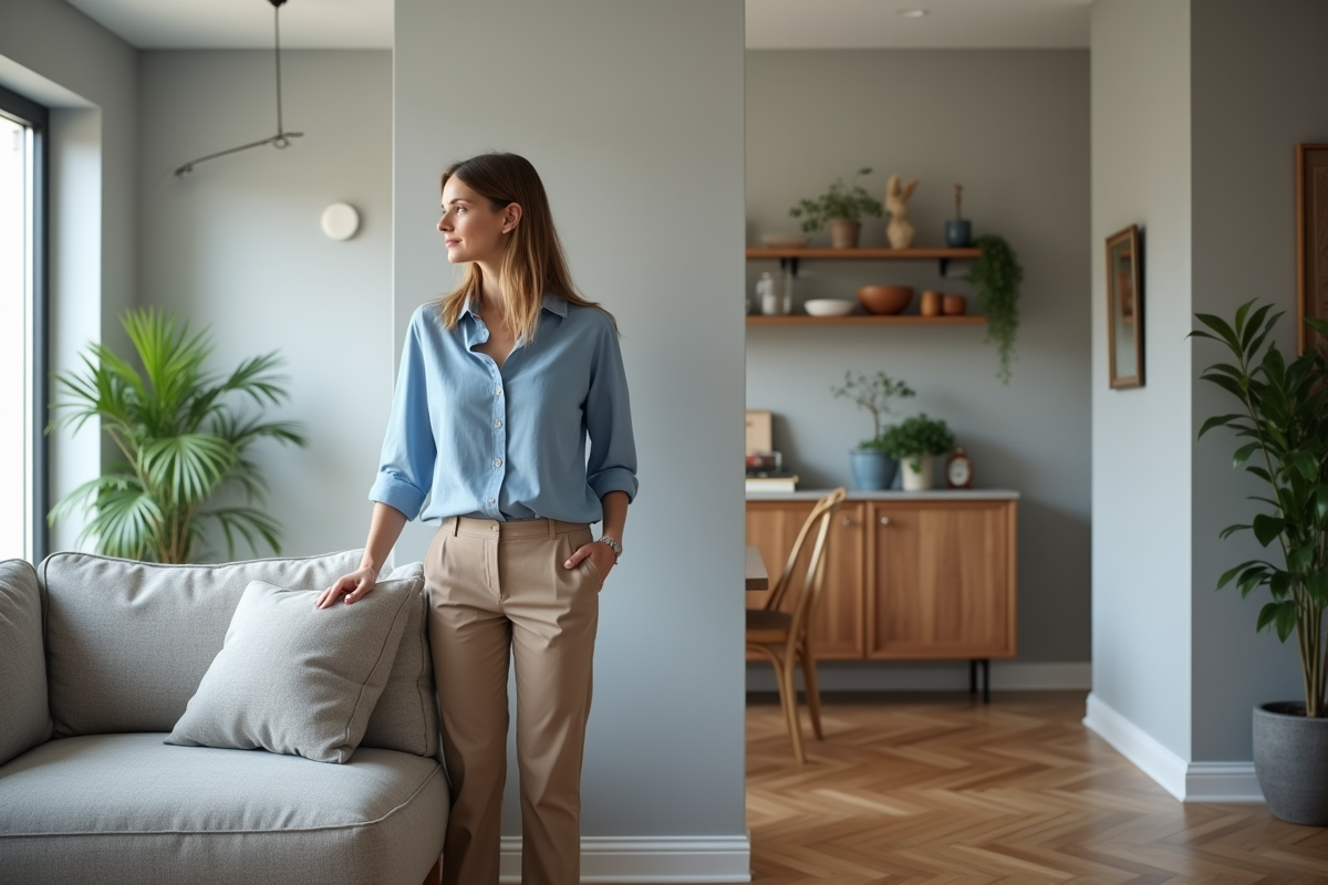 Femme contemplant la transition entre salon et salle à manger