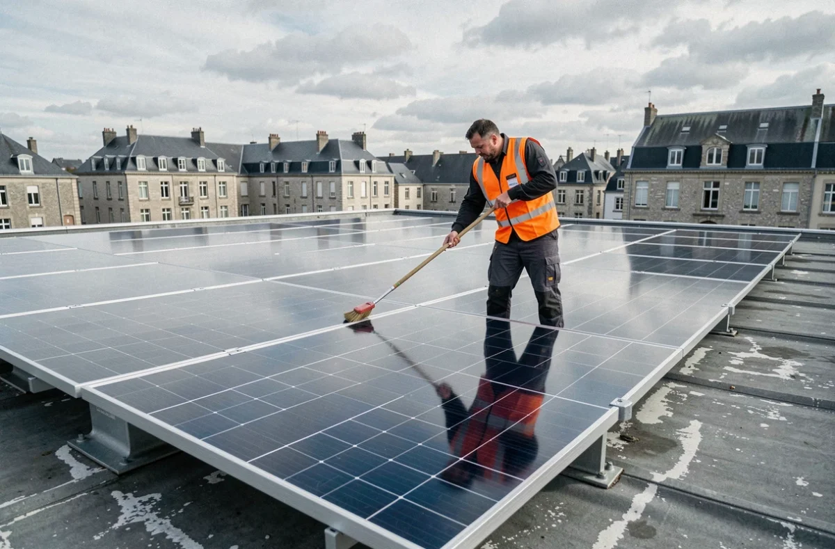 Technicien de Solair Picardie effectuant la maintenance d'une installation solaire sur un bâtiment public en Picardie