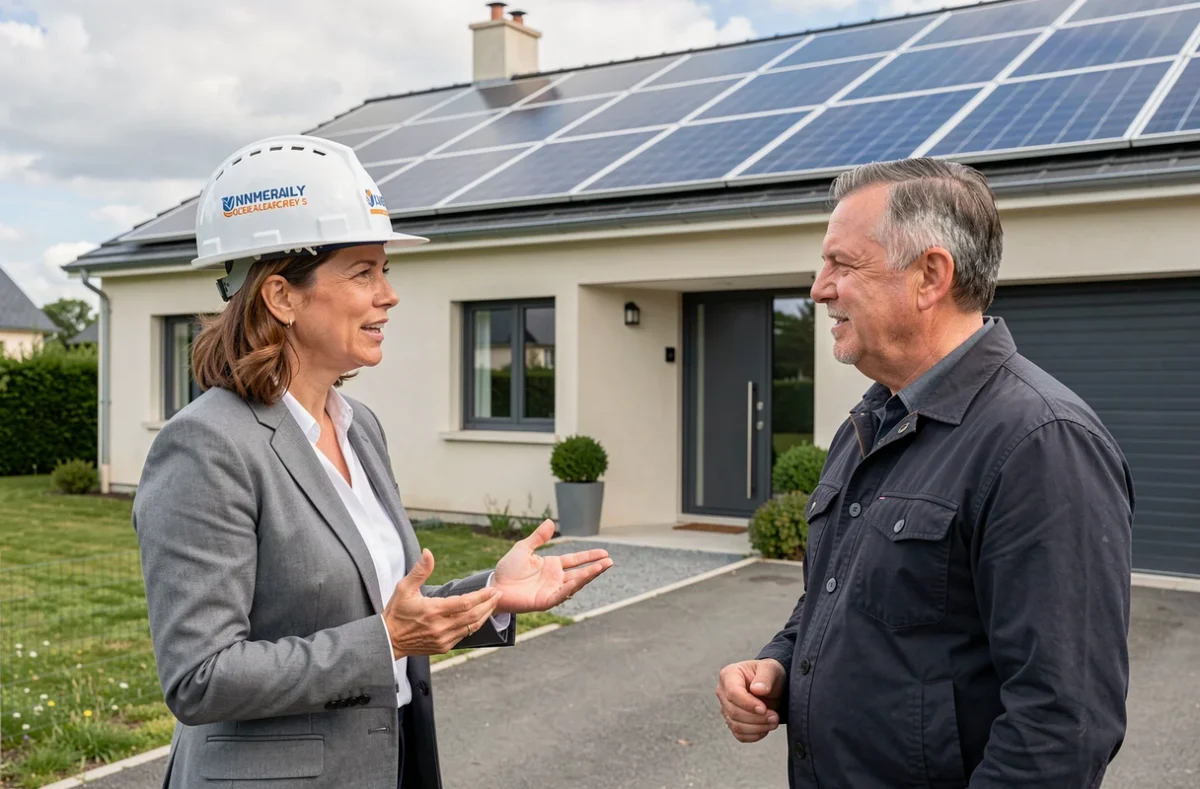 Chef de projet de Solénéo Nord présentant une installation solaire achevée à un propriétaire devant sa maison individuelle