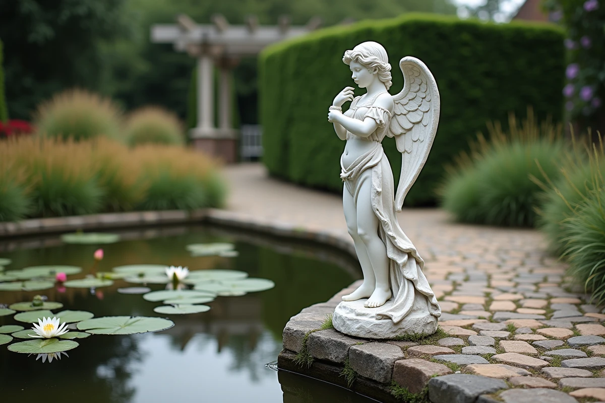 Statue d'ange en marbre blanc au bord d'un bassin de jardin avec nénuphars et reflets dans l'eau